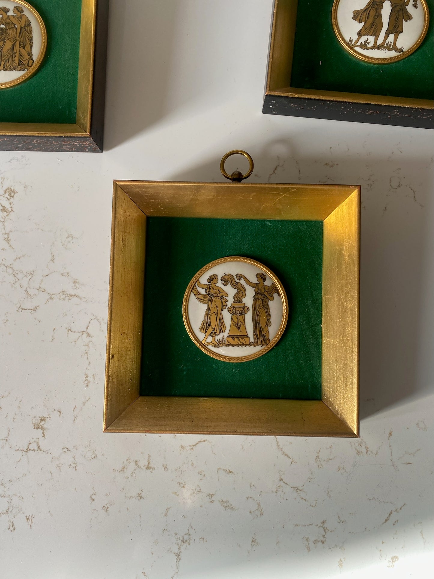 Vintage Green and Gold Greek Pendant Art - set of 4