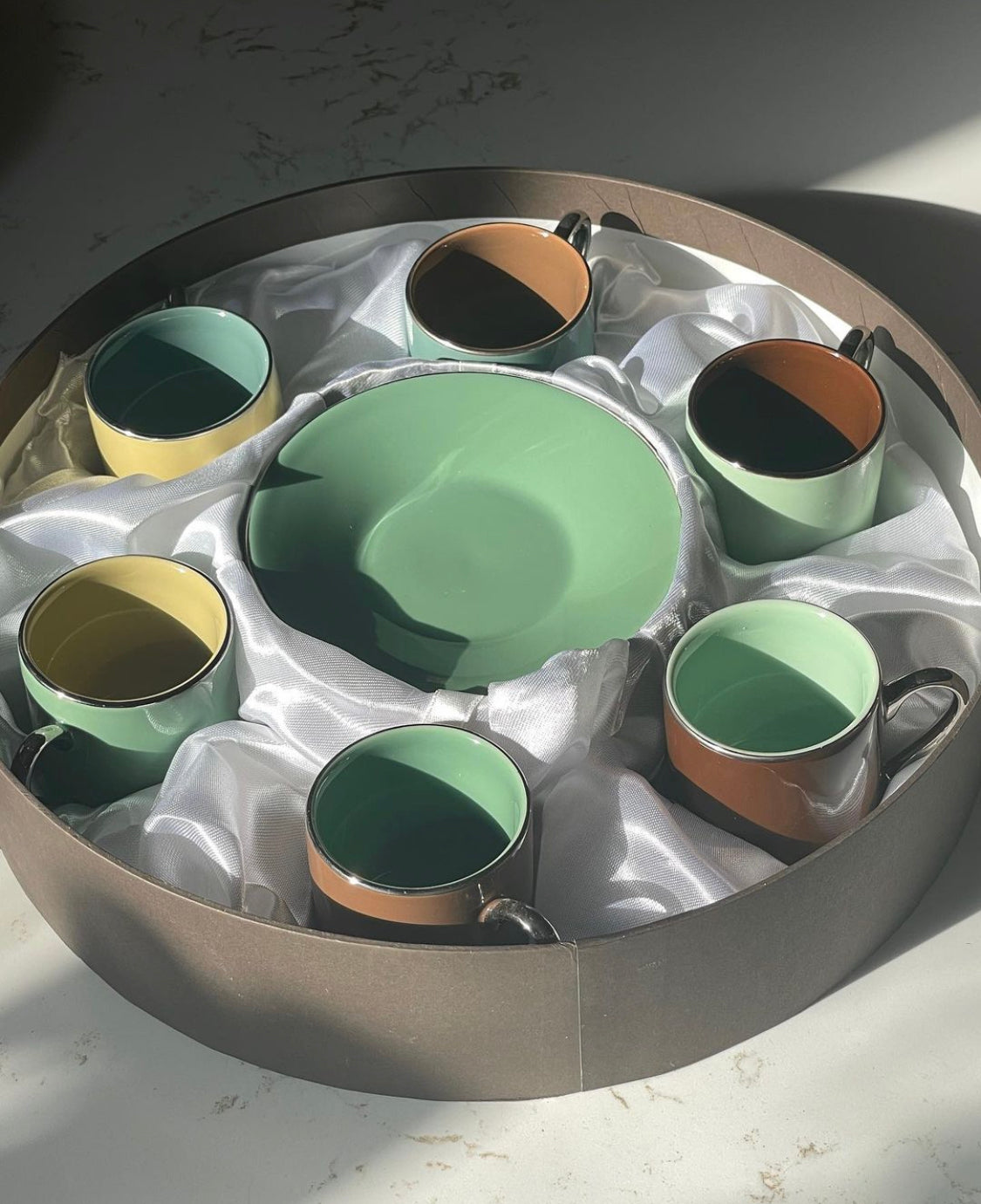 Vintage Two-Tone Neutral Collectible Classic Coffee and Tea Saucer and Cup serves 6 in original case