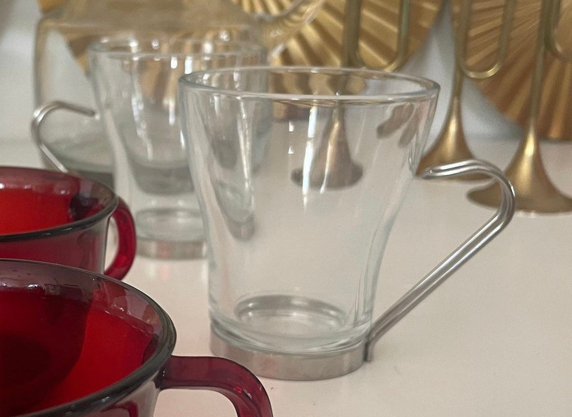 Pair of Italian Vitrosax Cappuccino Glass Mugs with Stainless Steel Handles