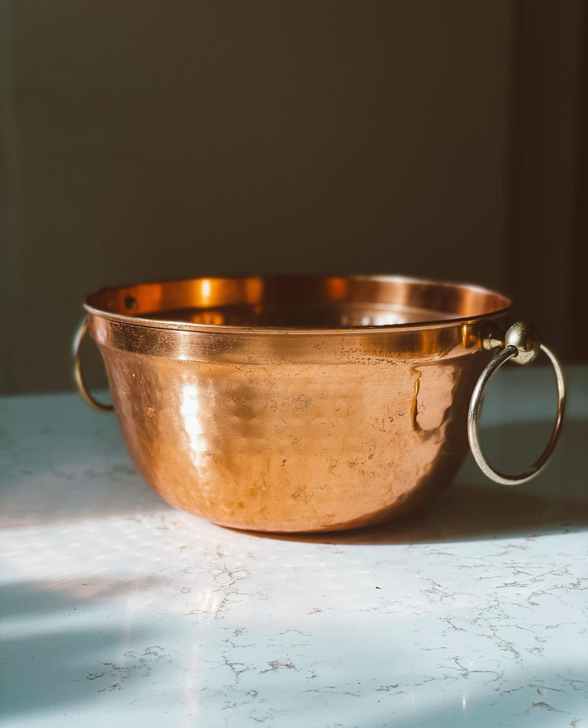 Hammered Copper Bowl with Golden Ring Handles
