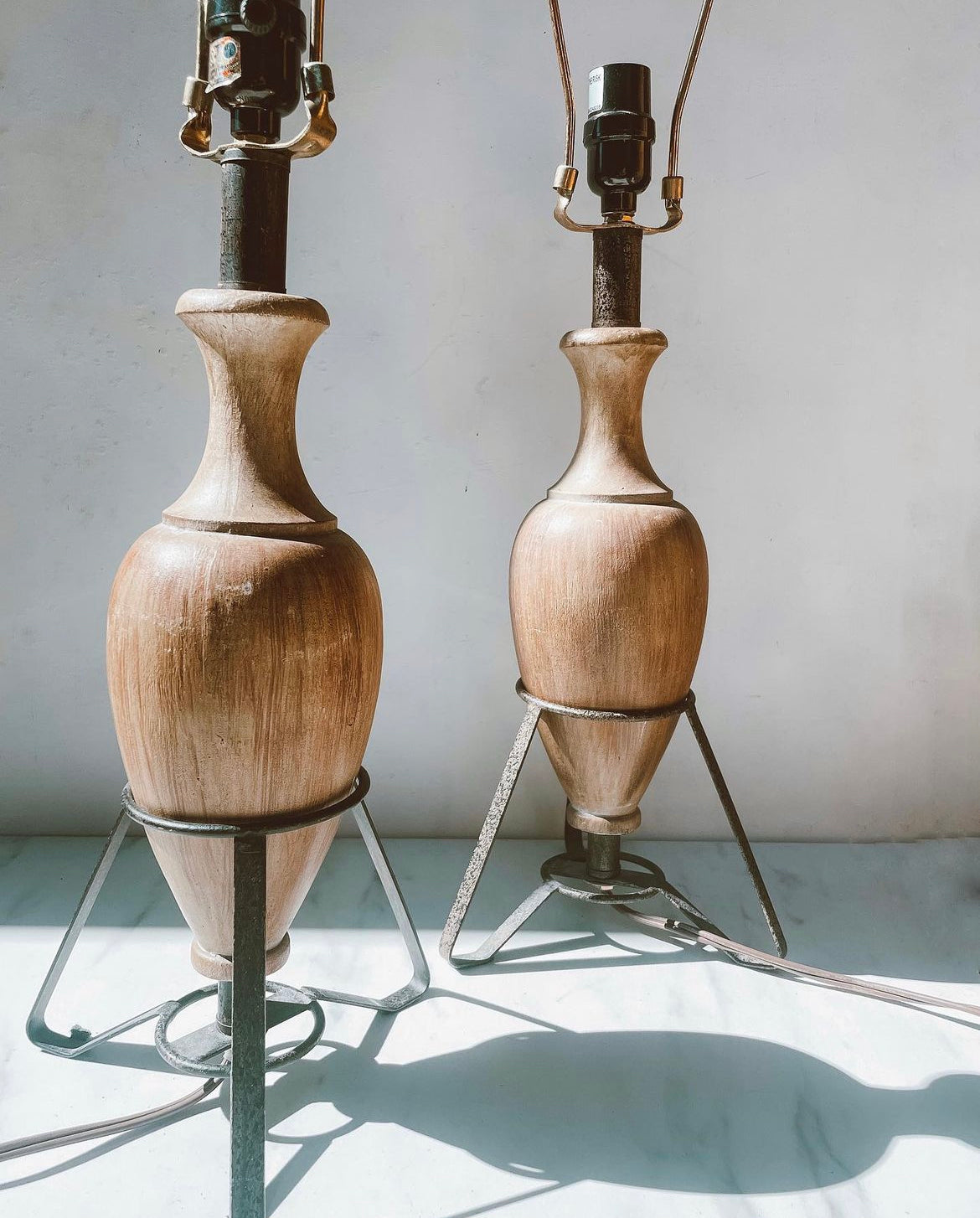 Pair of Urn Style Faux Wood and Metal Lamps