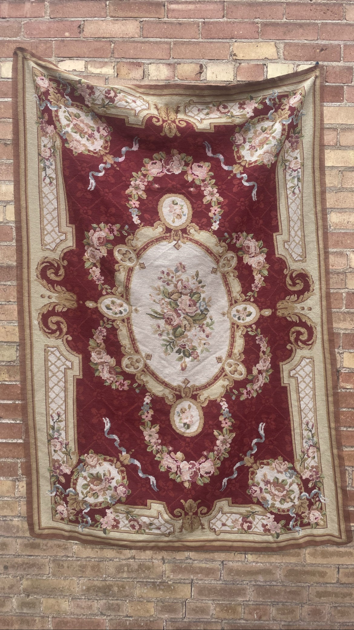 Vintage French Maroon Floral Knit Tapestry